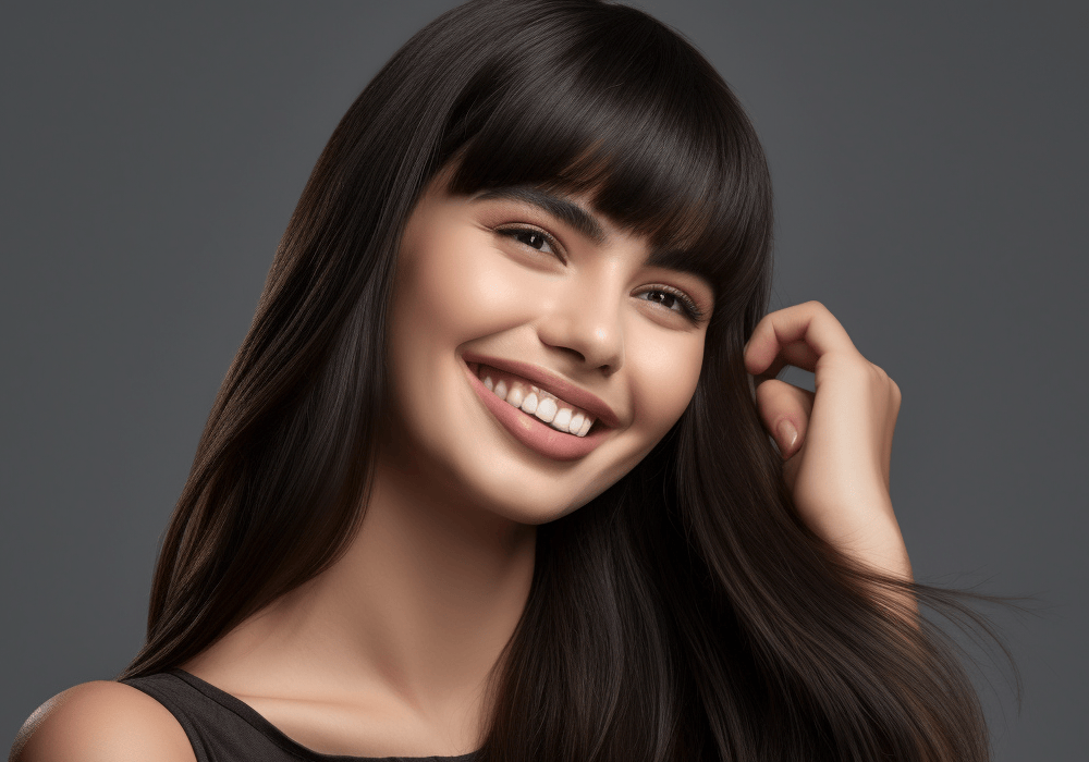 Smiling young woman with dark hair and full bangs